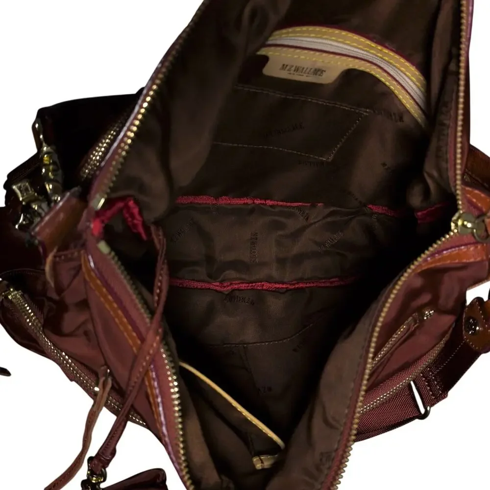 MZ Wallace Nylon Leather Messenger Shoulder Bag Satchel Burgundy with Zip Pouch